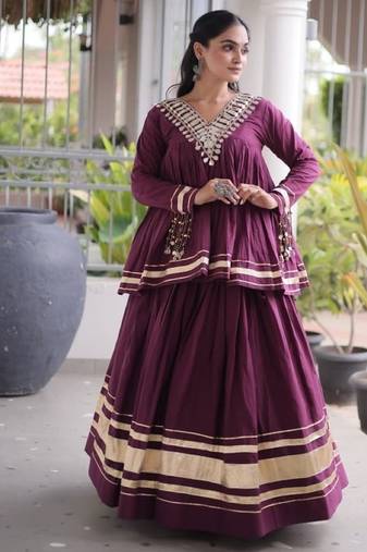 Purple Cotton Readymade Navratri Lehenga Choli with Zari & Mirror lace Work