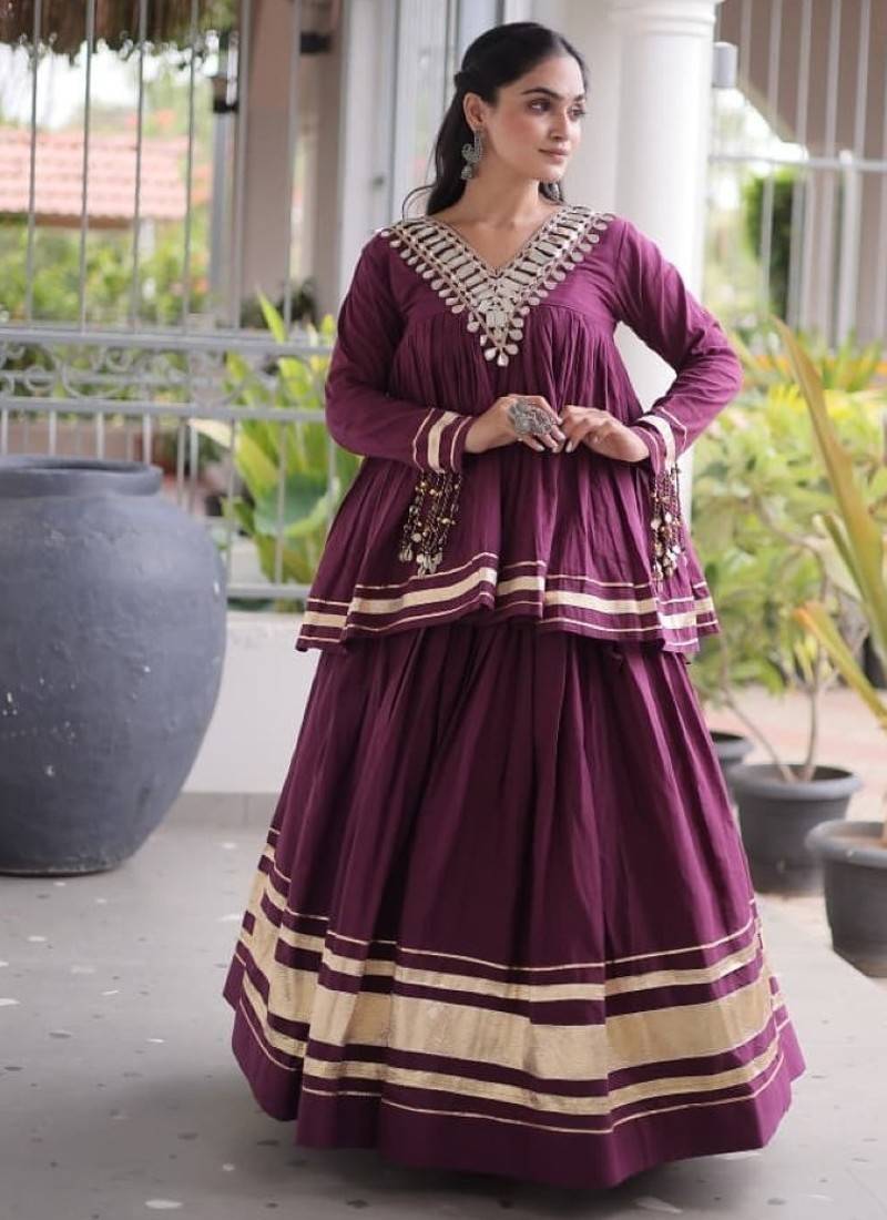 Purple Cotton Readymade Navratri Lehenga Choli with Zari & Mirror lace Work