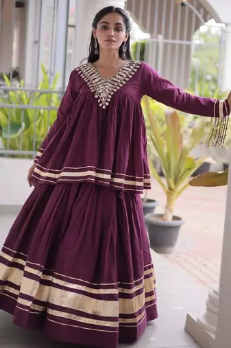 Purple Cotton Readymade Navratri Lehenga Choli with Zari & Mirror lace Work