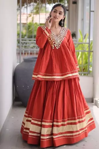Rust Cotton Readymade Navratri Lehenga Choli with Zari & Mirror lace Work