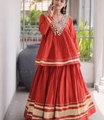 Rust Cotton Readymade Navratri Lehenga Choli with Zari & Mirror lace Work
