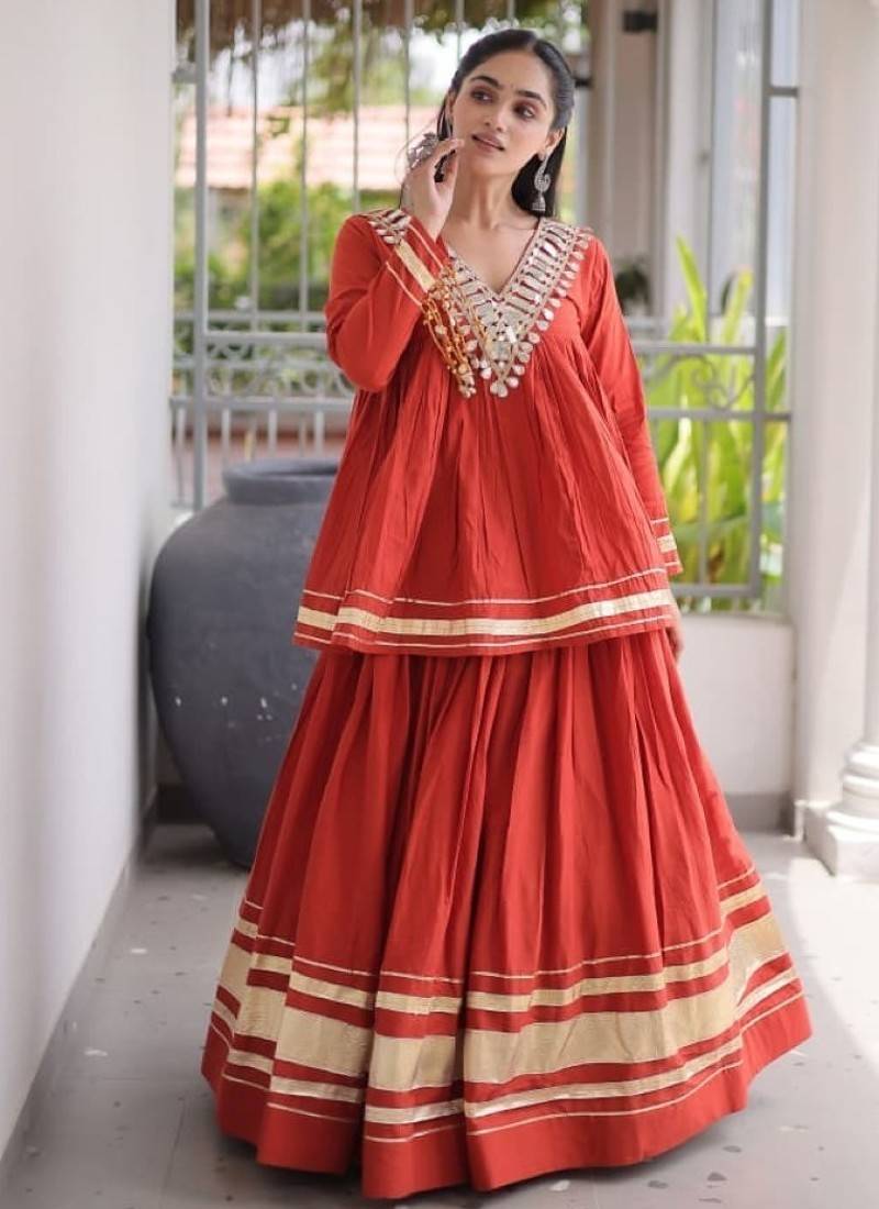 Rust Cotton Readymade Navratri Lehenga Choli with Zari & Mirror lace Work