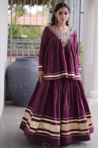 Purple Cotton Readymade Navratri Lehenga Choli with Zari & Mirror lace Work