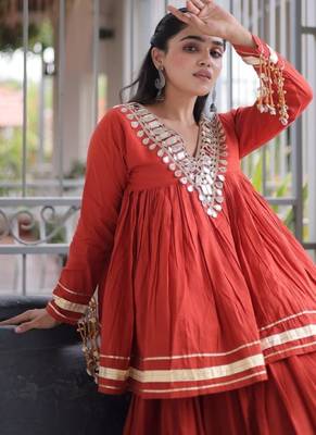 Rust Cotton Readymade Navratri Lehenga Choli with Zari & Mirror lace Work 2