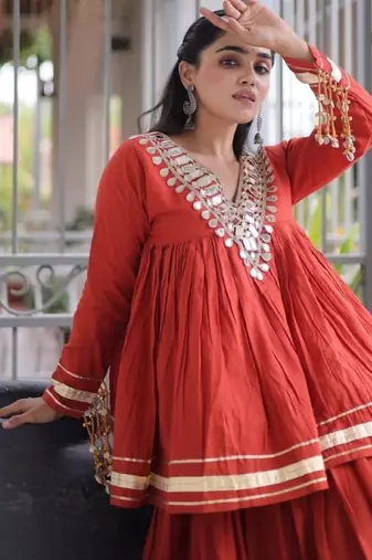 Rust Cotton Readymade Navratri Lehenga Choli with Zari & Mirror lace Work
