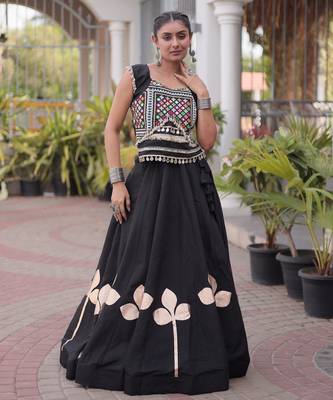 Black Silk Blend Readymade Navratri Lehenga Choli with Mirror & Gamthi Embroidery Work 1