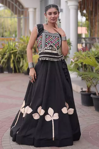 Black Silk Blend Readymade Navratri Lehenga Choli with Mirror & Gamthi Embroidery Work