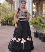 Black Silk Blend Readymade Navratri Lehenga Choli with Mirror & Gamthi Embroidery Work