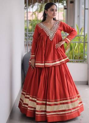 Rust Cotton Readymade Navratri Lehenga Choli with Zari & Mirror lace Work 3