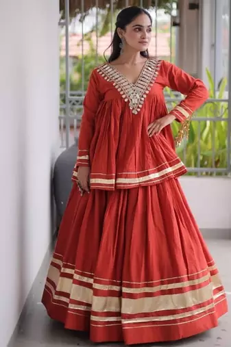 Rust Cotton Readymade Navratri Lehenga Choli with Zari & Mirror lace Work