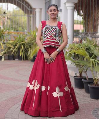 Red Silk Blend Readymade Navratri Lehenga Choli with Mirror & Gamthi Embroidery Work 1