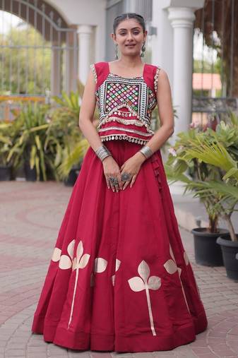 Red Silk Blend Readymade Navratri Lehenga Choli with Mirror & Gamthi Embroidery Work