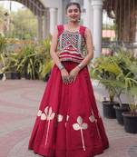 Red Silk Blend Readymade Navratri Lehenga Choli with Mirror & Gamthi Embroidery Work