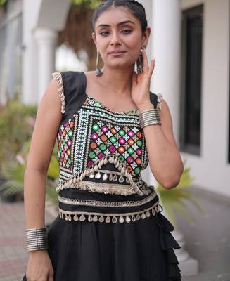 Black Silk Blend Readymade Navratri Lehenga Choli with Mirror & Gamthi Embroidery Work 2