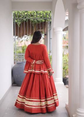 Rust Cotton Readymade Navratri Lehenga Choli with Zari & Mirror lace Work 4