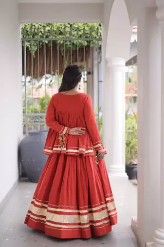 Rust Cotton Readymade Navratri Lehenga Choli with Zari & Mirror lace Work