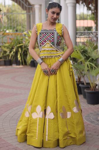 Olive Silk Blend Readymade Navratri Lehenga Choli with Mirror & Gamthi Embroidery Work