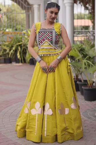 Olive Silk Blend Readymade Navratri Lehenga Choli with Mirror & Gamthi Embroidery Work