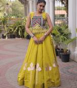Olive Silk Blend Readymade Navratri Lehenga Choli with Mirror & Gamthi Embroidery Work