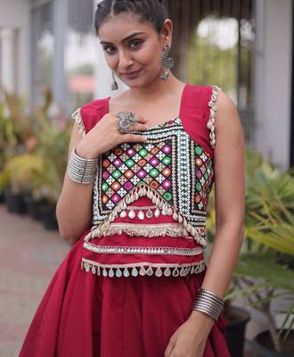 Red Silk Blend Readymade Navratri Lehenga Choli with Mirror & Gamthi Embroidery Work 2