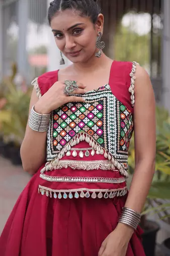 Red Silk Blend Readymade Navratri Lehenga Choli with Mirror & Gamthi Embroidery Work