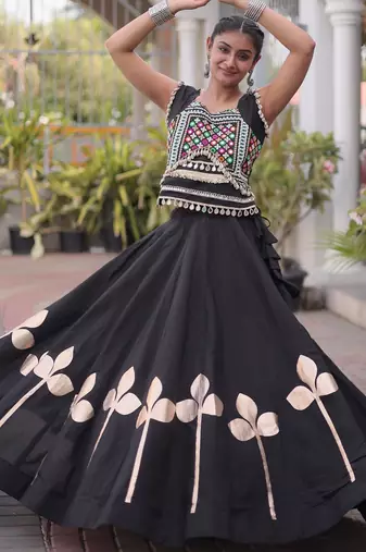 Black Silk Blend Readymade Navratri Lehenga Choli with Mirror & Gamthi Embroidery Work