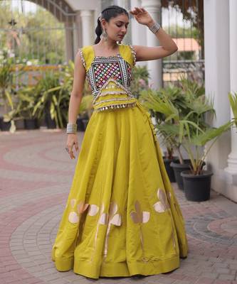Olive Silk Blend Readymade Navratri Lehenga Choli with Mirror & Gamthi Embroidery Work 2