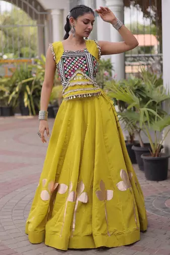 Olive Silk Blend Readymade Navratri Lehenga Choli with Mirror & Gamthi Embroidery Work