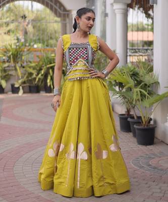 Olive Silk Blend Readymade Navratri Lehenga Choli with Mirror & Gamthi Embroidery Work 3