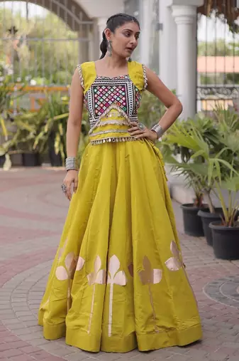 Olive Silk Blend Readymade Navratri Lehenga Choli with Mirror & Gamthi Embroidery Work