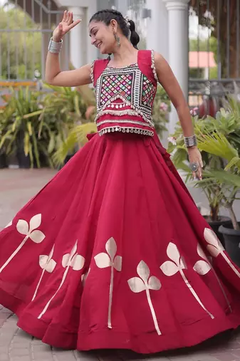 Red Silk Blend Readymade Navratri Lehenga Choli with Mirror & Gamthi Embroidery Work