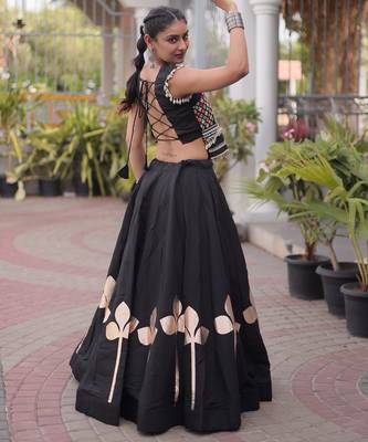 Black Silk Blend Readymade Navratri Lehenga Choli with Mirror & Gamthi Embroidery Work 4