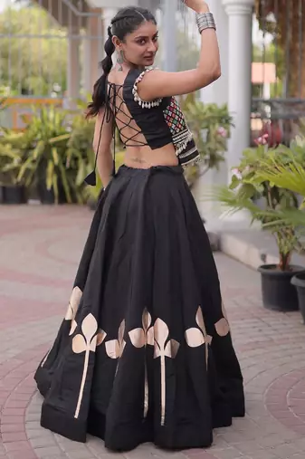 Black Silk Blend Readymade Navratri Lehenga Choli with Mirror & Gamthi Embroidery Work