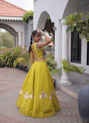 Olive Silk Blend Readymade Navratri Lehenga Choli with Mirror & Gamthi Embroidery Work 4