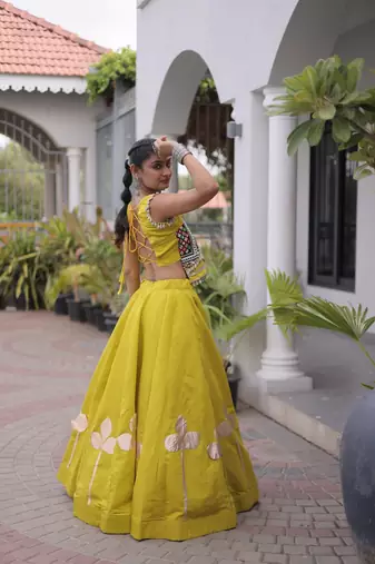 Olive Silk Blend Readymade Navratri Lehenga Choli with Mirror & Gamthi Embroidery Work
