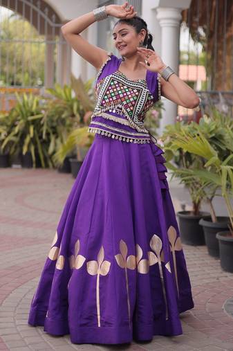 Violet Silk Blend Readymade Navratri Lehenga Choli with Mirror & Gamthi Embroidery Work