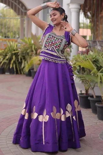 Violet Silk Blend Readymade Navratri Lehenga Choli with Mirror & Gamthi Embroidery Work