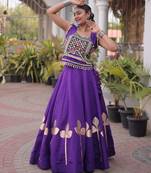 Violet Silk Blend Readymade Navratri Lehenga Choli with Mirror & Gamthi Embroidery Work