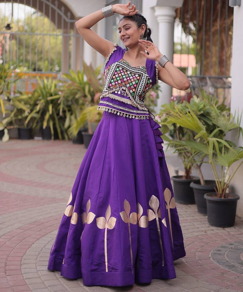 Violet Silk Blend Readymade Navratri Lehenga Choli with Mirror & Gamthi Embroidery Work