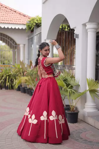 Red Silk Blend Readymade Navratri Lehenga Choli with Mirror & Gamthi Embroidery Work