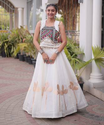 White Silk Blend Readymade Navratri Lehenga Choli with Mirror & Gamthi Embroidery Work 1