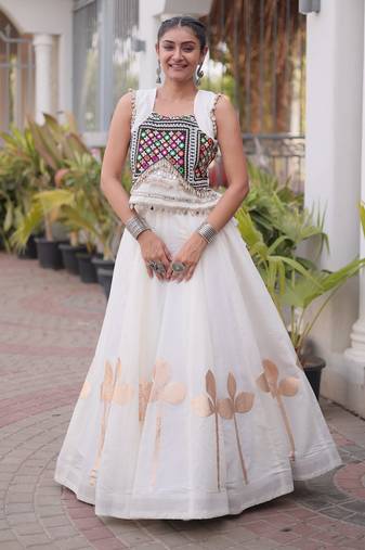 White Silk Blend Readymade Navratri Lehenga Choli with Mirror & Gamthi Embroidery Work