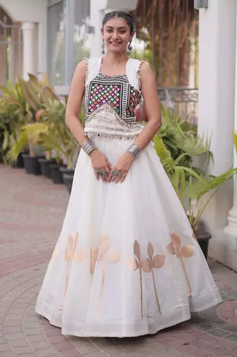 White Silk Blend Readymade Navratri Lehenga Choli with Mirror & Gamthi Embroidery Work