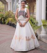 White Silk Blend Readymade Navratri Lehenga Choli with Mirror & Gamthi Embroidery Work