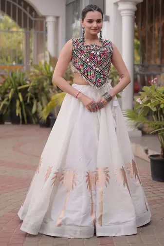 White Silk Blend Readymade Navratri Lehenga Choli with Kutchi Gamthi Work