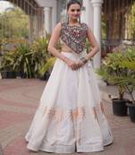 White Silk Blend Readymade Navratri Lehenga Choli with Kutchi Gamthi Work