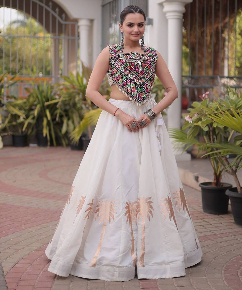 White Silk Blend Readymade Navratri Lehenga Choli with Kutchi Gamthi Work