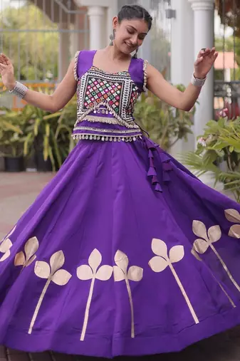 Violet Silk Blend Readymade Navratri Lehenga Choli with Mirror & Gamthi Embroidery Work