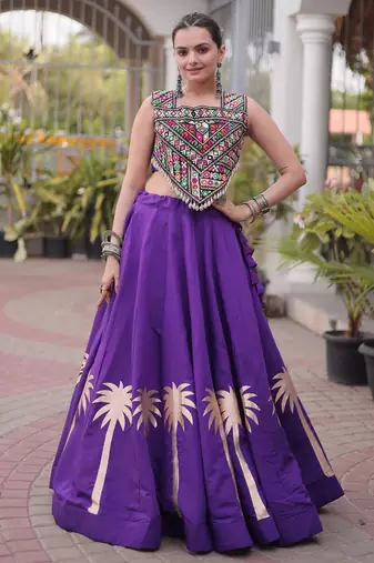 Violet Silk Blend Readymade Navratri Lehenga Choli with Kutchi Gamthi Work
