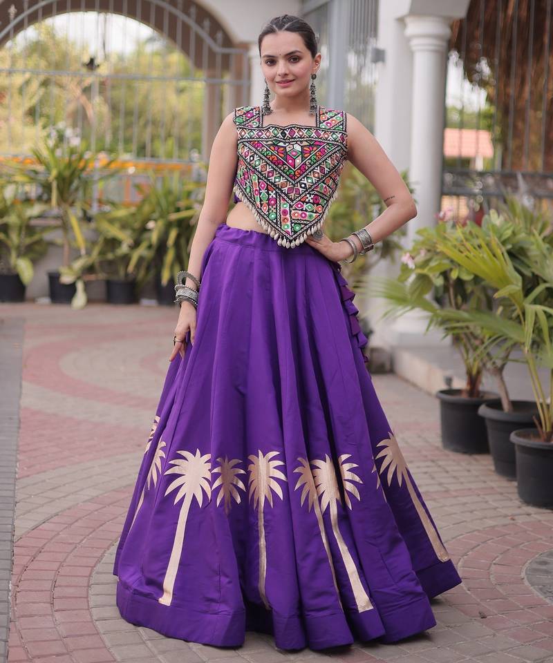 Violet Silk Blend Readymade Navratri Lehenga Choli with Kutchi Gamthi Work
